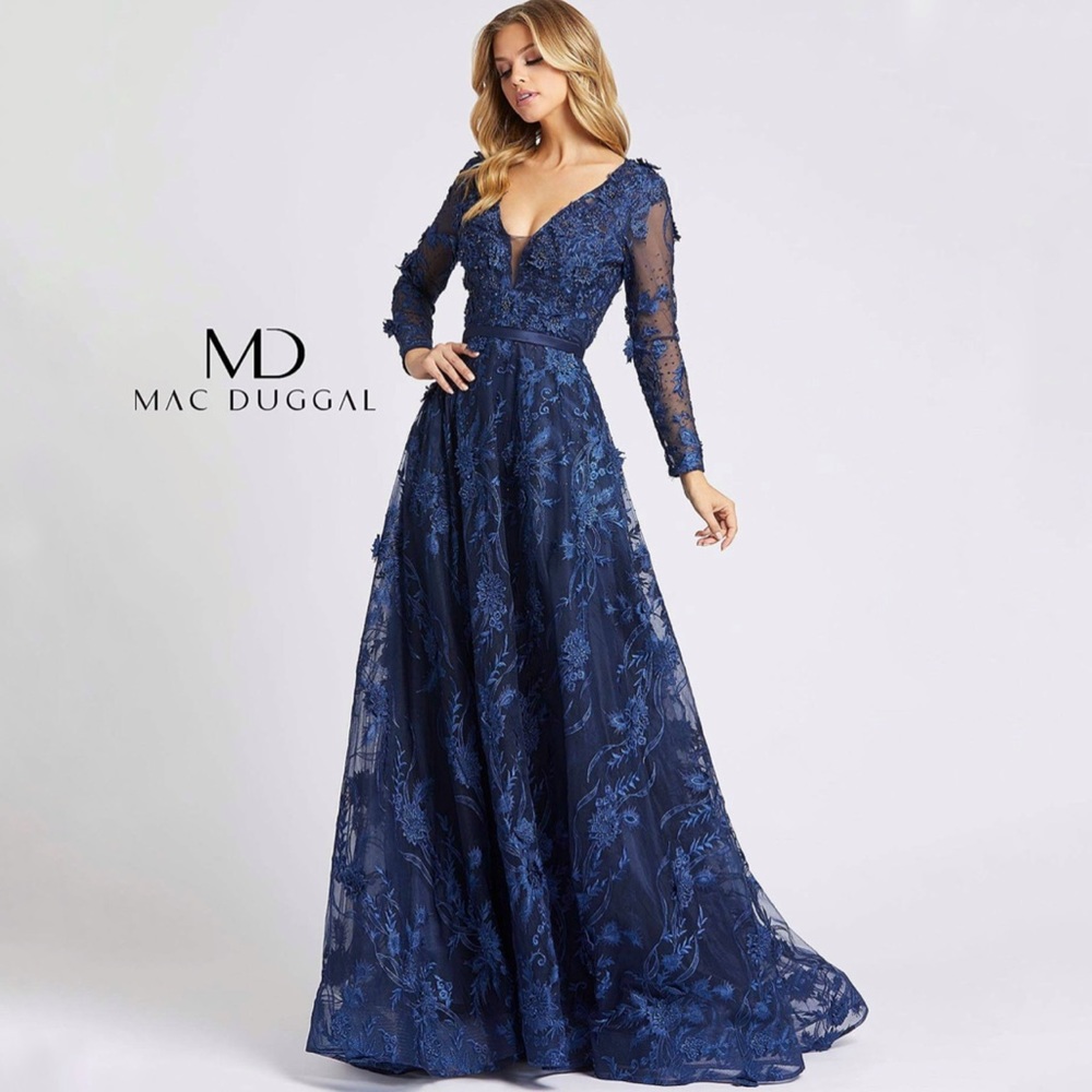 MAC DUGGAL Long Sleeve Floral Appliqué Mesh Dress